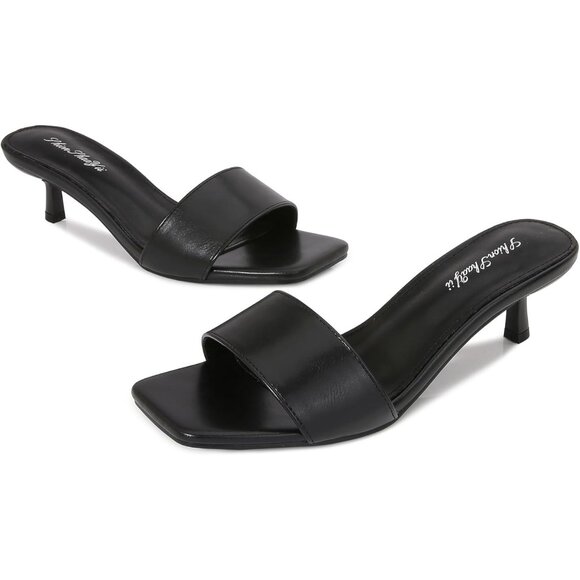 Women's Black Kitten Heels Sandal Heeled Slides Square Open Toe One Band Slip On - Picture 5 of 8